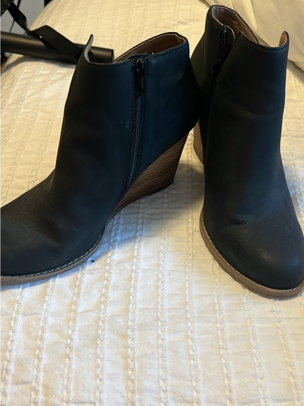 Report Black Wedge Ankle Booties with Wood-look Heel